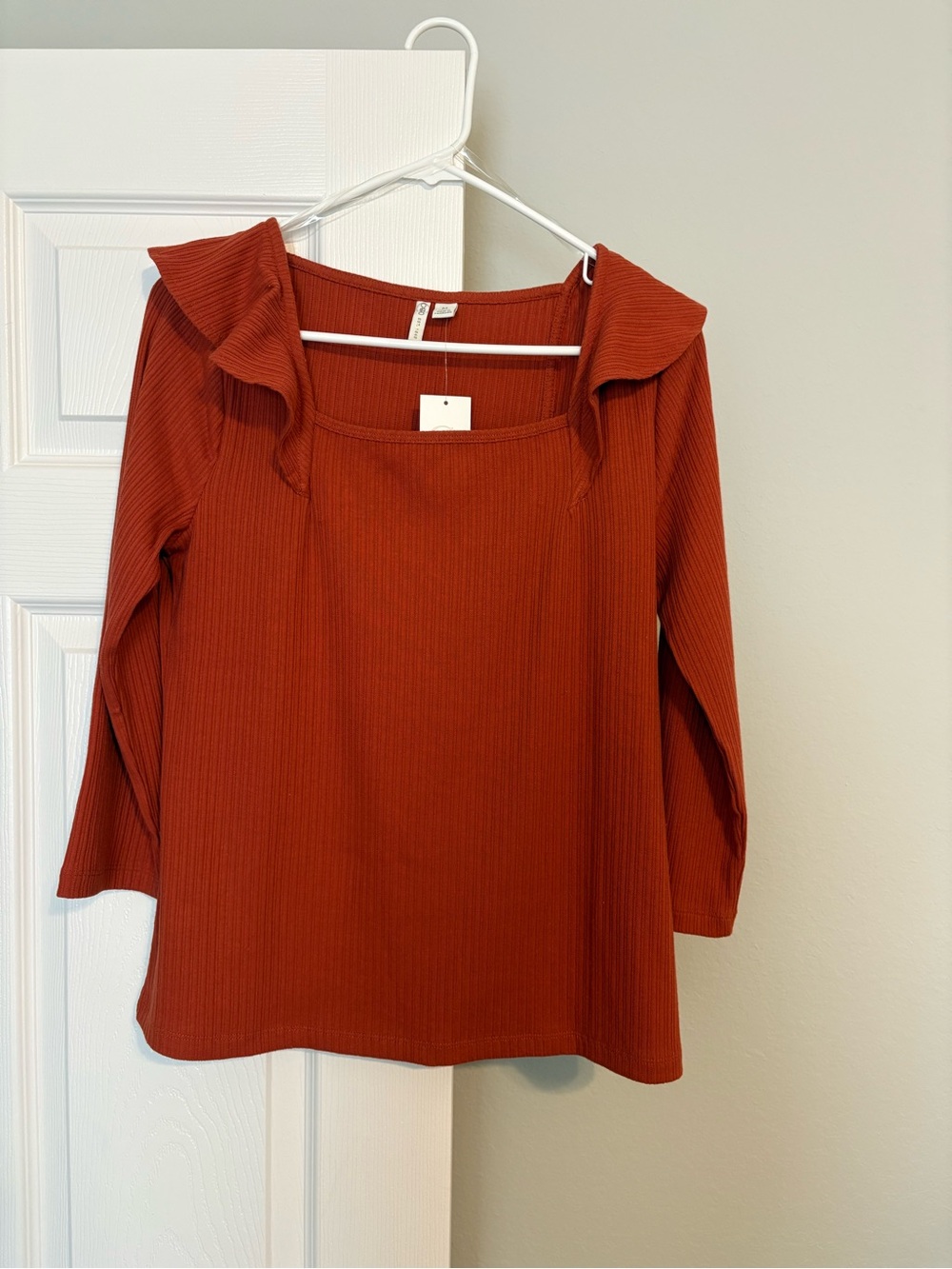 Cato The Avenue Potters Clay Ribbed Square-Neck Top with Ruffle Collar - Rust